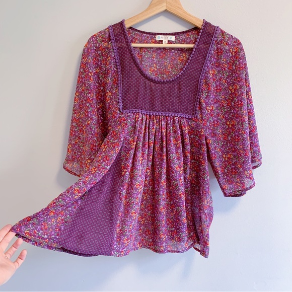 Love Fire Purple Floral Sheer Flutter Sleeve Blouse - Picture 3 of 10